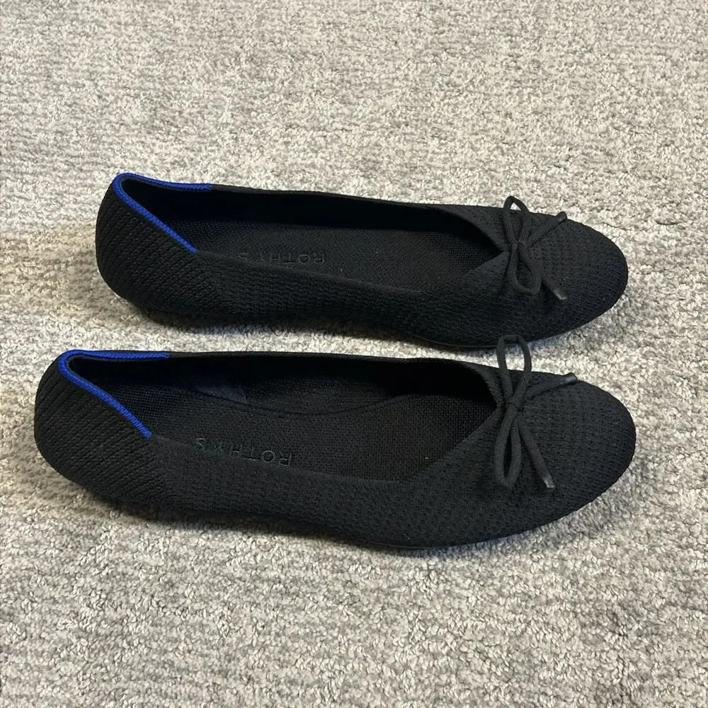 Rothys The Ballet Flats Womens 10.5 Black Knit Bow Round Toe Shoes Comfort
